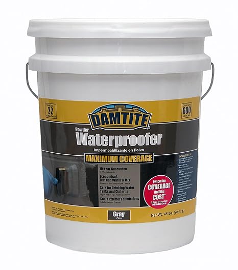 DAMTITE Maximum Coverage Powder Waterproofer, Apply to Wet or Dry Walls, Twice the Coverage Compared to Competition (Gray, 45lb)