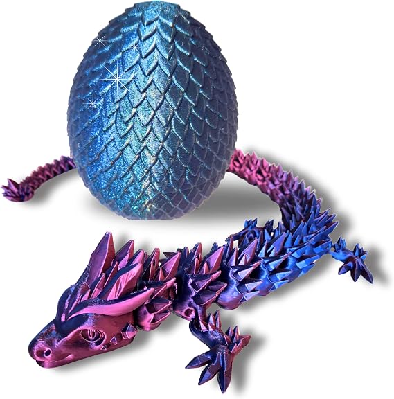 20" Articulated 3D Printed Dragon with Surprise Egg Flexible Fidget Toy for Kids & Teens, Dragon Egg, Mythical Figurine (Red/Blue with Blue Egg)