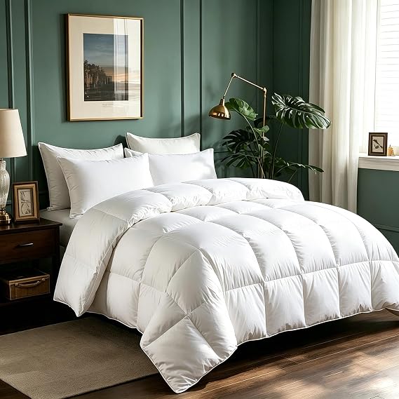 Serta Goose Feathers Down Fiber Comforter Queen Size Duvet Insert | 100% Cotton Cover,Hotel Luxury Hypoallergenic Comforter All Season Medium Warmth 90 x 90 In White