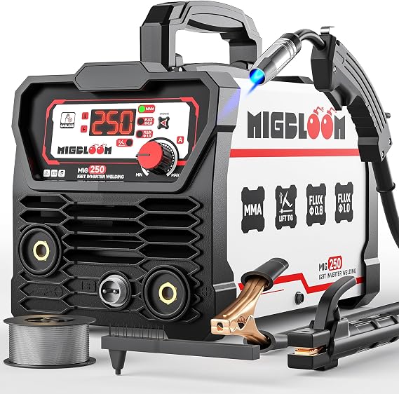 250A Mig Welder,Gasless 110V FLUX MIG/ARC/Lift TIG Welding Machine,3 in 1 Mig Welder with Synergy and IGBT Inverter,Flux Core Welder with LCD Display