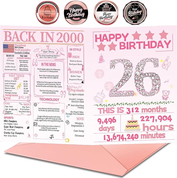 Joycard 26th Birthday Card with Envelope, 26th Birthday Decorations for Women, 26th Birthday Gifts for Her, Happy Birthday Cards for 26 Year Old Daughter, Back in 2000