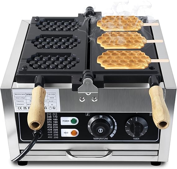 Commercial 1500W Nonstick Electric 3-Slice Honeycomb Waffle Pop Maker,Stainless Steel Square Waffle Maker Machine w/Temperature and Time Control for Bakeries Snack Bar Family