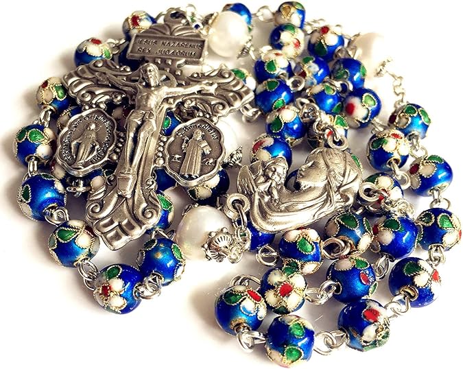 elegantmedical Handmade NICE Blue CLOISONNE & 10mm Pearl BEADS ROSARY NECKLACE Italy Parden cross Crucifix Catholic gift