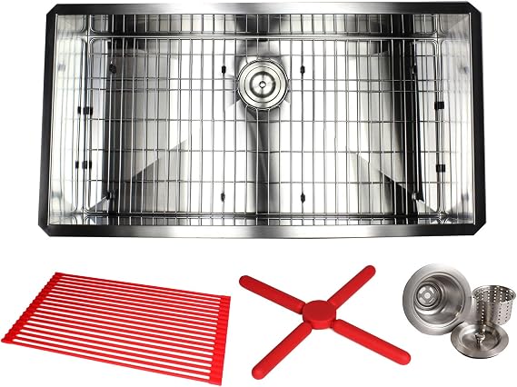 Kingsman ARL-F3619 36 Inch Zero Radius Design 16 Gauge Undermount Single Bowl Stainless Steel Kitchen Sink Premium Package