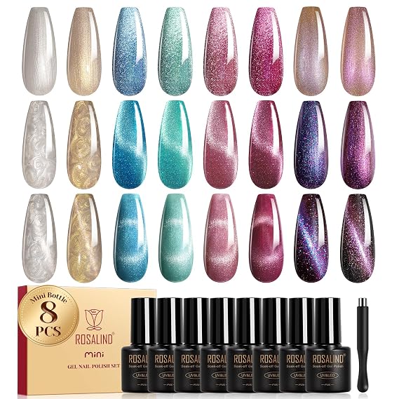 ROSALIND 30+8pcs Classic Colors & Cateye Gel Polish Set with Base Coat Glossy Matte and Glitter Top Coat Magnet