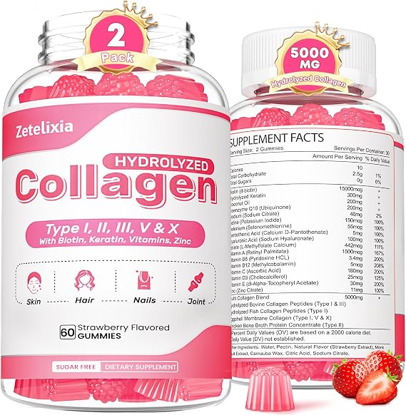 2 Pack Collagen Gummies for Women Men, Hydrolyzed Collagen Peptide Type I,II,III,V,X with Biotin, Vitamin C A B D E for Skin Hair Nails J0ints, Immunity Energy Digestion, Sugar Free, 120 Count