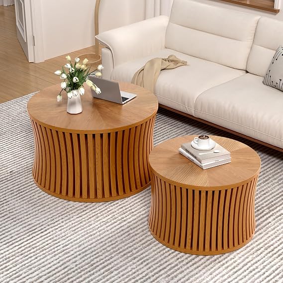 Round Drum Nesting Coffee Table Set of 2 (Wood)