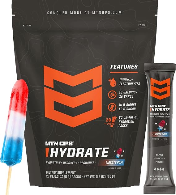 MTN OPS Hydrate Sugar Free Electrolyte Packets, Liberty Pop | 1,000mg+ Electrolytes for Enhanced Hydration, Recovery and Recharging, Great for On-The-Go