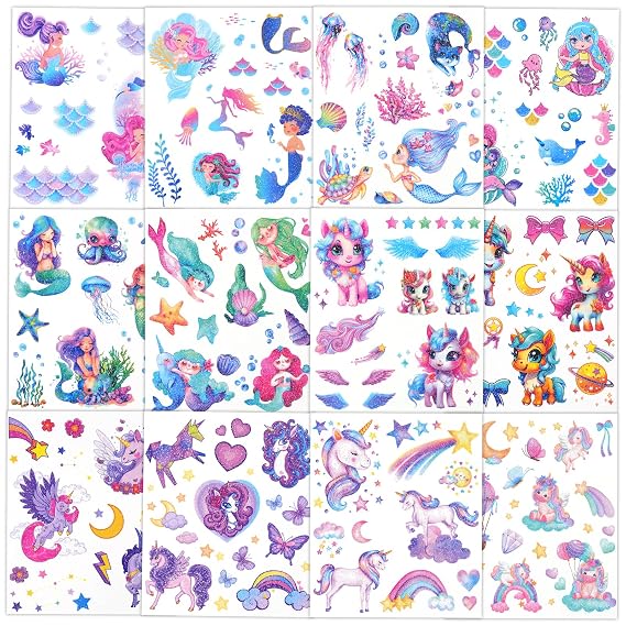 Ozepao Glitter Temporary Tattoo for Girls, 12 Sheets Mermaid Unicorn Tattoo Stickers for Kids, Waterproof Fake Tattoos for Birthday Party Favors Supplies