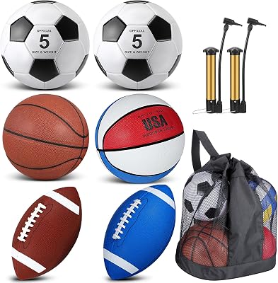 Sratte 6 Pcs Sports Balls Set for Teens Adults Official Size Football Soccer Basketball with Pump Sports Equipment Bag for Youth Training Practice Christmas Sport Gift