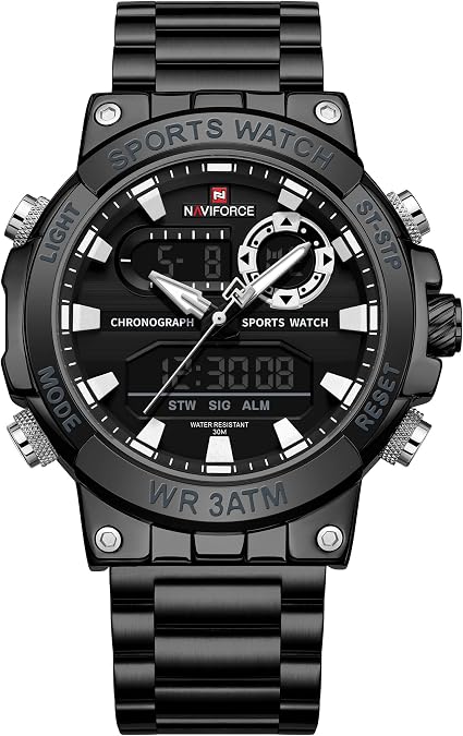 NAVIFORCE Analog Quartz Digital Watches Men Luxury Full Stainless Steel Waterproof Watches Fashion Business Chronograph Military Multifunctional Wristwatch