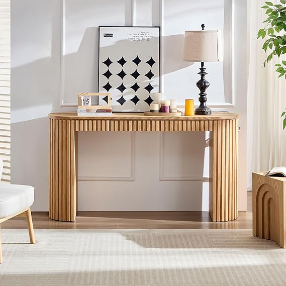 59.05'' Modern Console Table Curved Entryway Table with Storage Drawer for Entry Way Entrance Foyer Living Room Natural Wood