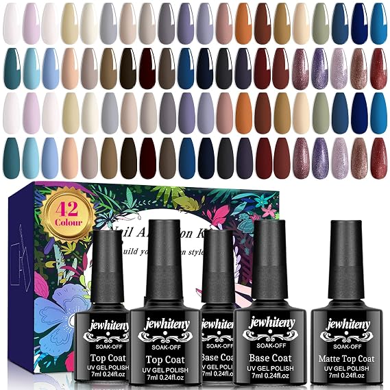 JEWHITENY 45 Pcs Gel Nail Polish Kit - Autumn Fall Winter Nude Gray Glitter Red Purple Blue Gel Polish Soak Off Glossy & Matte Top Base Coat Halloween Gifts for Women