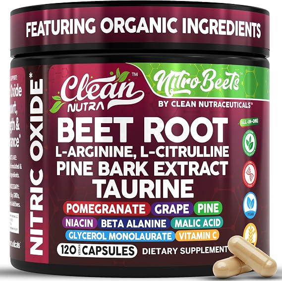 Clean Nutra Organic Beet Root Capsules L Arginine L Citrulline Pine Bark Nitric Oxide Beetroot Powder Arginine Citrulline Supplement Pre Workout Supplements Extract 120 Vegan Pills