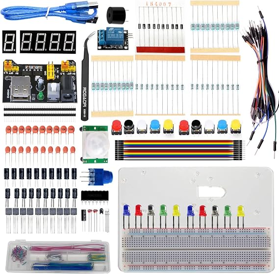 Electronics Component Fun Kit, Component for Arduino/Raspberry Pi, Breadboard, Power Supply Module, Jumper Wire, LED Diode, Resistors, Tact Switch, Potentiometer, Capacitor, Transistor