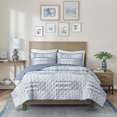 Madison Park Quilt Bedding Set, Jacquard Woven Patchwork Coverlet, Farmhouse, All Season Lightweight, Classic & Cozy Diamond Stitched Design Cover, Matching Shams, Graham FullQueen Blue 3 Piece