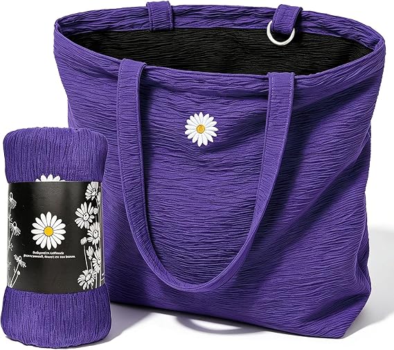 CYD College Tote Bag for Women, Purple Black Daisy Aesthetic Carryall 18L