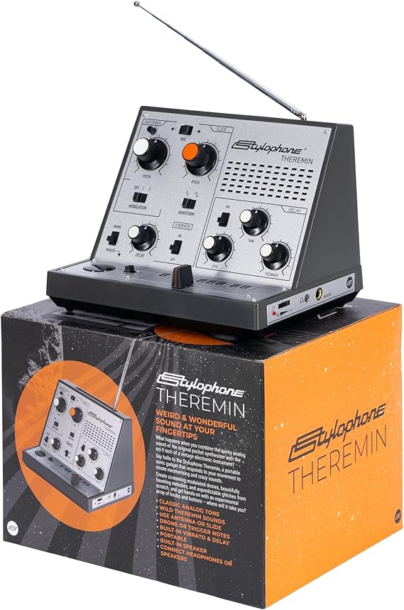Stylophone Theremin Award-Winning Portable Touch-Sensitive Synthesizer with Retro Analog Sound, Built-In Speaker, Delay & Vibrato Effects, Slider Control, Compact Battery-Powered Design
