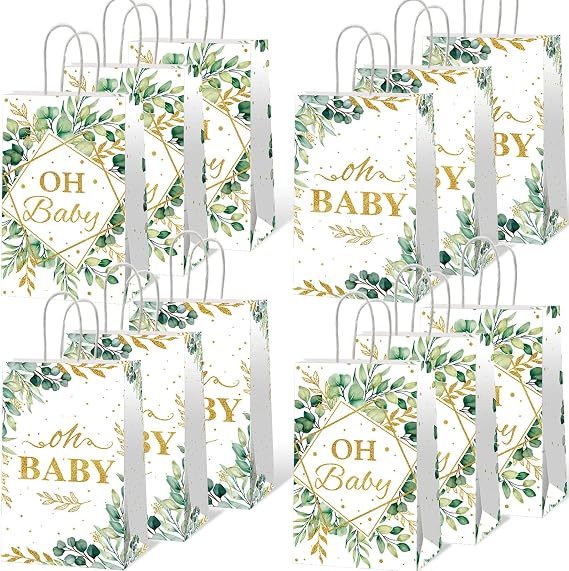 12pcs Oh Baby Party Favors Bags Sage Green Candy Treat Bags Eucalyptus Leaf (4.73.17.9 inches) Gold Foil Greenery Goodie Bag for Sage Boho Woodland Neutral Baby Shower Party Decorations Supplies