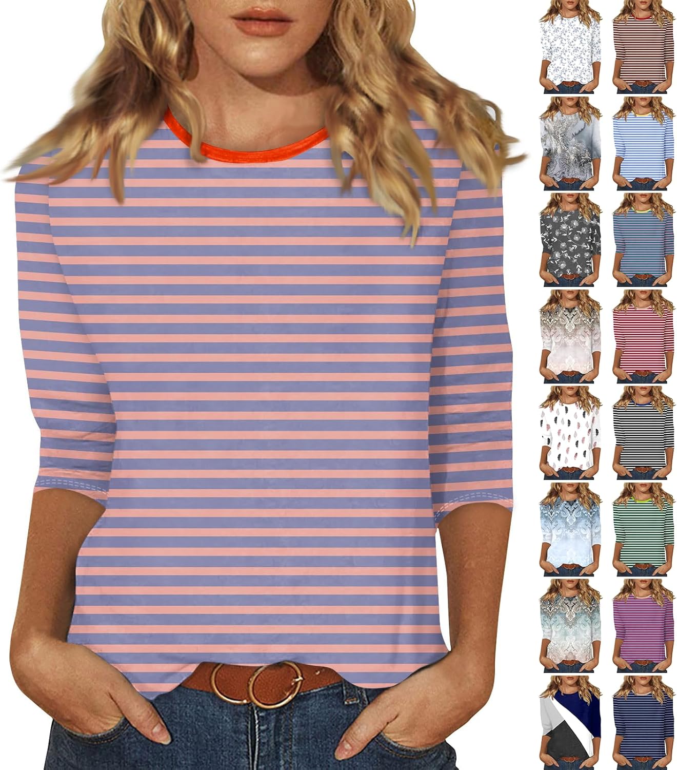 slqdgmryz 34 Length Sleeve Womens Tops Summer Three Quarter Striped Shirts Dressy Casual Printed Tunic Tops Women Blouses