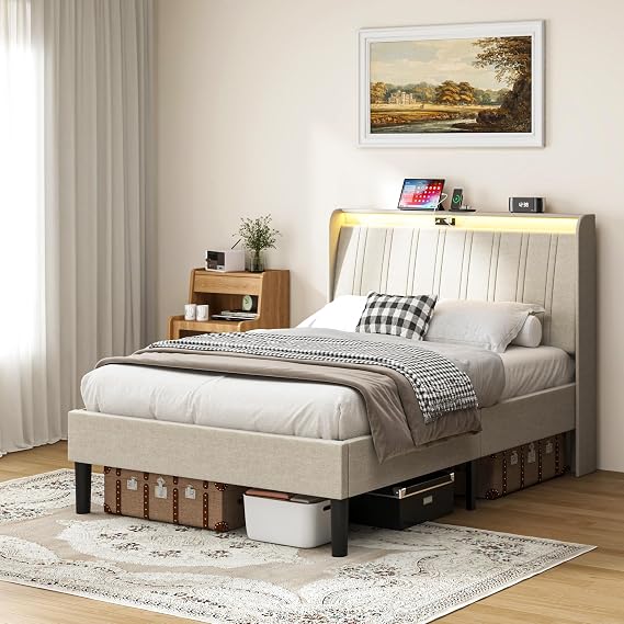 Twin Size Platform Bed Frame,with USB Charging Station and LED Light, with Velvet Upholstered Headboard and Wooden Slats Support,No Box Spring Needed (Beige, Queen (U.K. Standard)