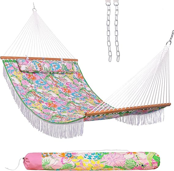 Lazy Daze Double Quilted Hammock with Soft Pillow and Carry Bag Pink Floral