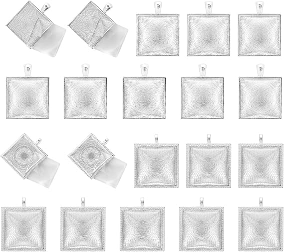 Miraclekoo 40 Pcs Square Bezel Pendant Trays with Glass Cabochon 25 mm Blanks Bezel Cabochon Set for Photo Pendant Craft Jewelry Making