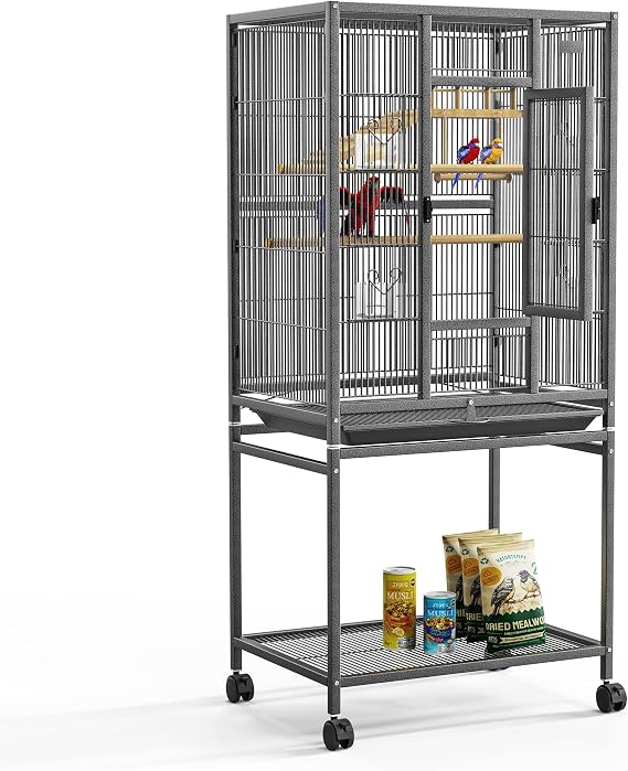 54" Large Bird Cage with Wheels, Durable Wrought Iron Parakeet Cage with Slide Out Tray, Black Bird Cages with Feeding Cups, Wooden Platform, Swing & Perches, for Lovebird, Cockatiels, Budgies