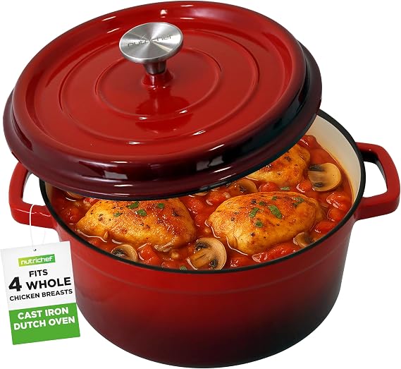 NutriChef Enameled Cast Iron Dutch Oven 5 QT Pot with Lid, Cooking Pot with Moisture-Sealing Lid for Bread Baking, Stews, Braising, Roasting, Marinating & Slow Cooking Oven Safe Up to 500F