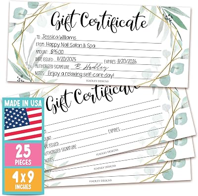 Hadley Designs 25 Blank Gift Certificates for Business 4x9 Christmas Gift Certificates Cards for Small Business, Spa, Massage, Nail & Hair Salon, Restaurant, Holidays Coupon Vouchers, Greenery