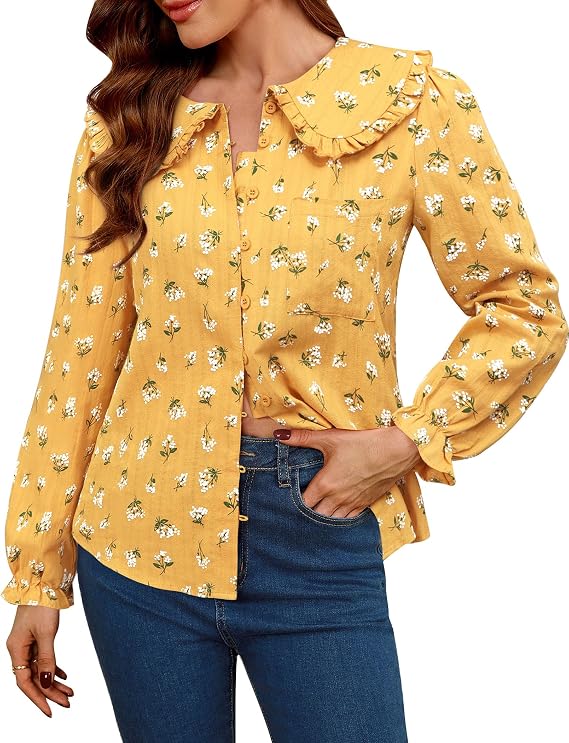 LOOKBOHO Women Spring Long Sleeve Shirts Peter Pan Collar Button Down Puff Sleeve Blouse Lightweight Casual Cotton Tops