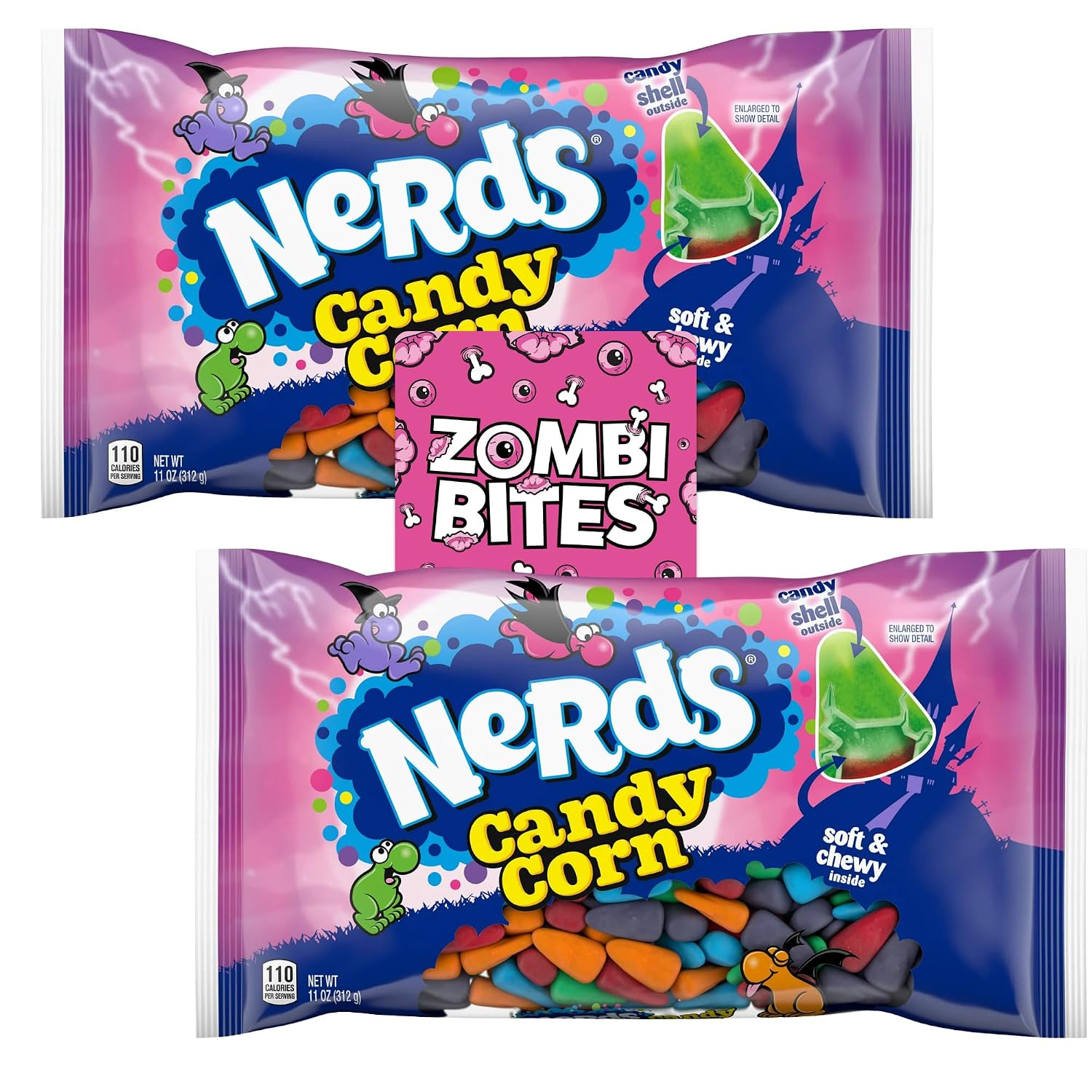 Halloween Candy Corn Bundle. Includes Two-11 Oz Bundles of Nerds Candy Corn Plus a ZOMBIBITES Fridge Magnet. Nerds Halloween Candy Corn Has Hard Shell on the Outside and Soft Chewy Nerds Candy Inside