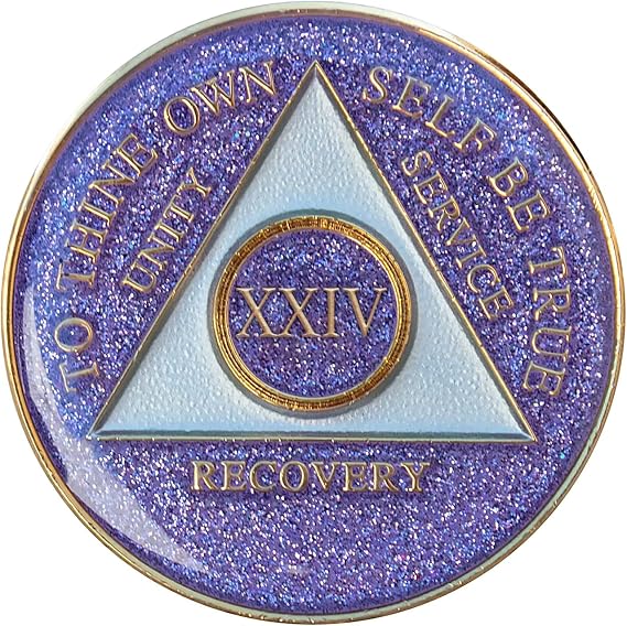 Recovery Mint 24 Year Purple Glitter Tri-Plate Alcoholics Anonymous Medallion- AA Sobriety Chip