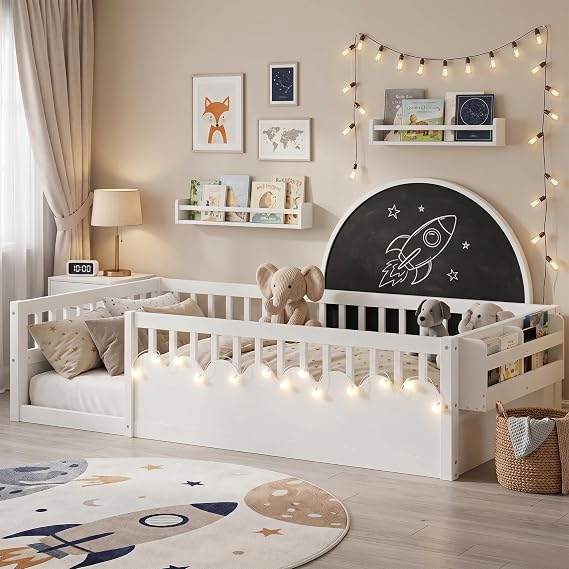 Mirightone White Floor Bed, Full Size Montessori Bed with High Fence Railings, Wood Playhouse Beds with Rails, Light & Storage for Baby Kids Boys Girls Teens, No Slats Included
