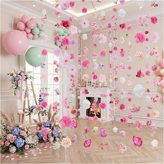 6-Pack Pink Artificial Flower Garlands, 48FT Hanging Rose Vines