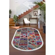 Halı Çok Renkli 9010 Yıkanabilir Saçaklı Oval Kesme Ince Yolluk Kilim Salon Halısı Modeli, Multi 60x100