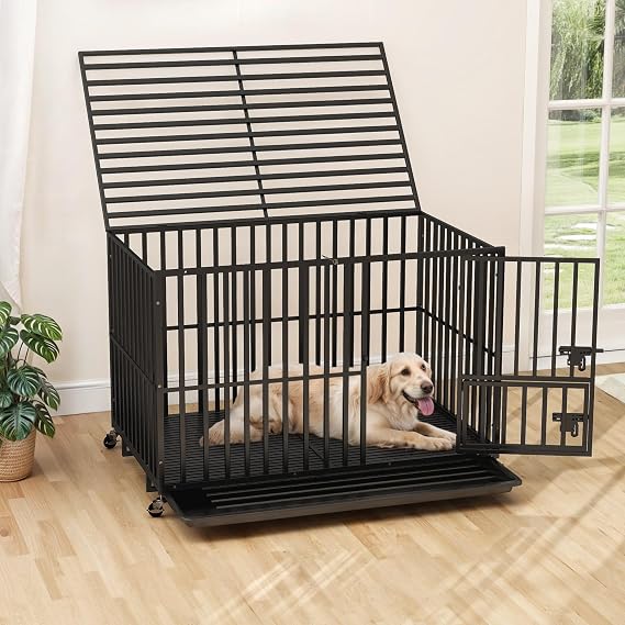 DWVO Heavy Duty Dog Crate, 47 Inch Escape-Proof Dog Cage Indoor Kennel for Medium Large Dogs with Lockable Wheels, 3-Door Design, High Anxiety Dogs Crate with Removable Trays