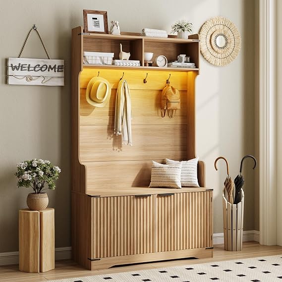 Maupvit 5-in-1 Entryway Hall Tree with Bench and Shoe Storage, Oak