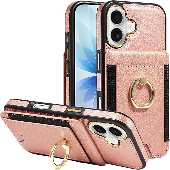 S. Tedazo for iPhone 17 Wallet Case with Credit Card Holder Ring Stand, RFID Blocking Card Slots, Magnetic Clasp Flip PU Leather Fashion Shockproof Cover for iPhone 17-Rose Gold