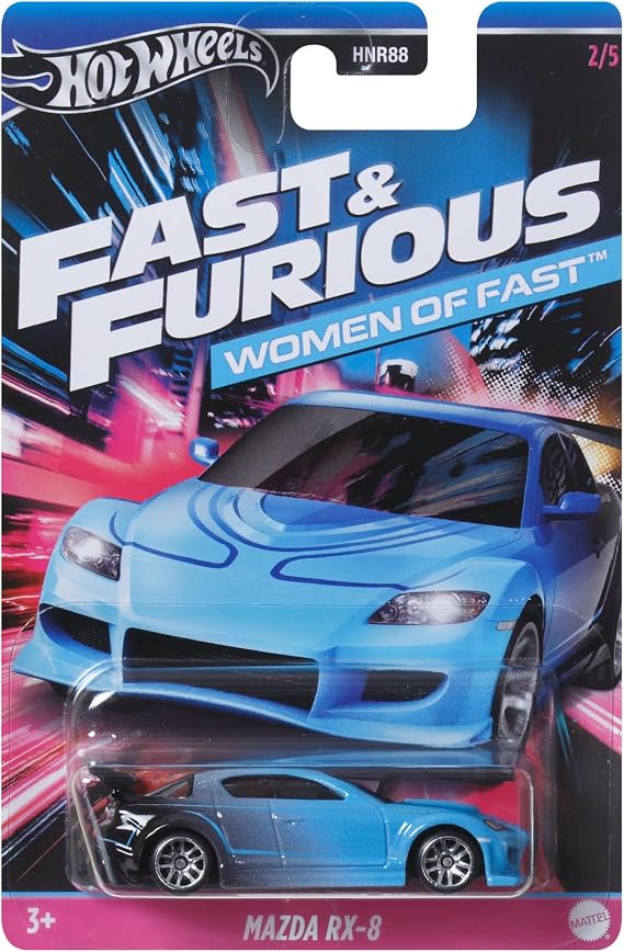 Hot Wheels Mazda RX-8 araba - Fast and Frious kadınlar - model döküm ölçeği 1:64 - uzunluk 7 cm, HRW37, siyah gök mavisi