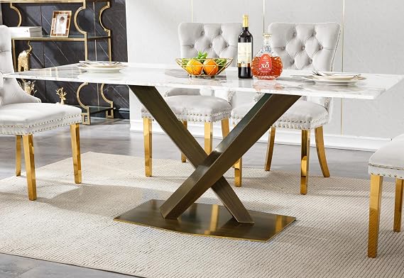 70" Marble Dining Table for 6-8, Modern White Gold Dining Room Table with 0.71" Faux Marble Top&American-Style Stainless Steel Legs, Rectangle Kitchen Dinner Table for Kitchen Dining Room