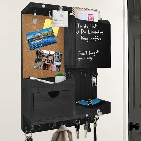 Key Holder Wall Mount with Drawer and Mail Organizer, Black