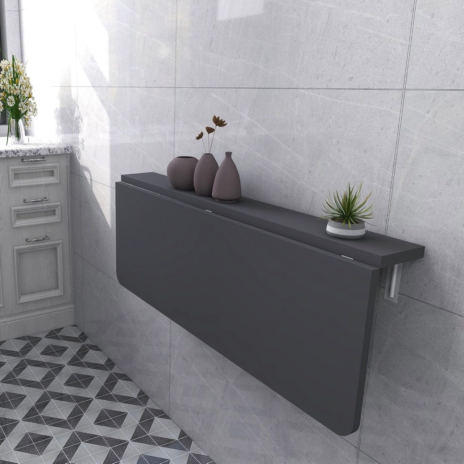 60x110 cm Oval Corner Fixed Shelf Wall Mounted Crushing Folding Dining and Kitchen Table Anthracite Grey