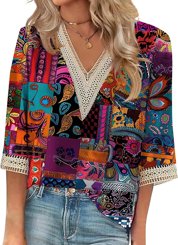 Women's Summer Boho Floral Tshirt Vneck 3/4 Sleeve Bohemian Tops Ethnic Casual Shirts for Women Trendy Fashion 2025