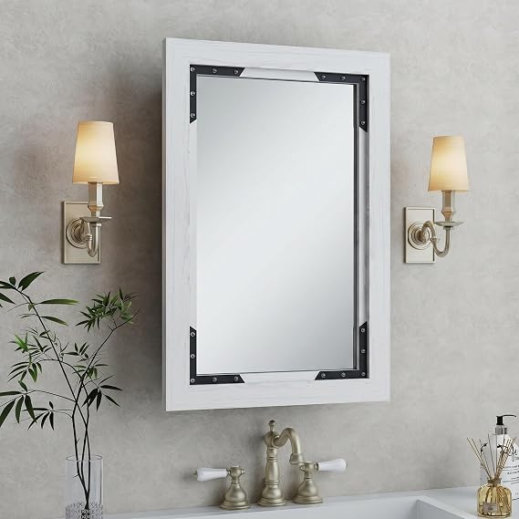 FLYJOE 20x26 Medicine Cabinet with Mirror, Farmhouse Bathroom Vanity Mirror Solid Wood Framed Door Storage Cabinet with Adjustable Shelves, Wall Mounted for Bathroom Living Room, White