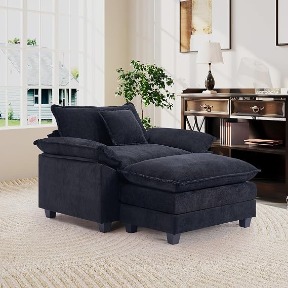 Oversized Chair with Ottoman, Modern Corduroy Sofa Bed, Single Sofa Chaise, Large Upholstered Sofa for Living Room, Bedroom (Black)