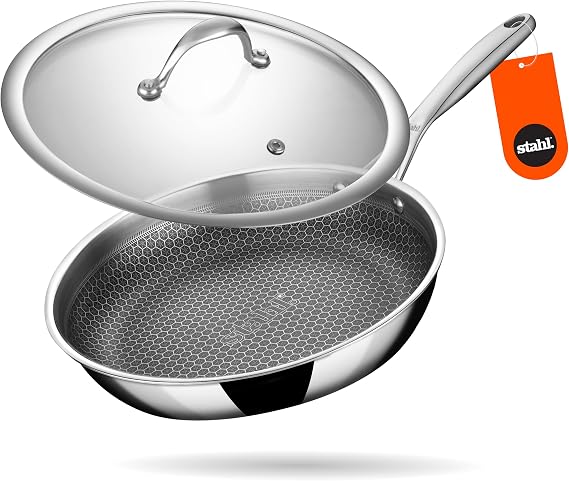 Stahl Artisan Hybrid 2 L, 24 cm Triply Frying Pan with Lid | Induction & Gas Stove Compatible | Honeycomb Non Stick Fry Pan, Metal Spoon Friendly