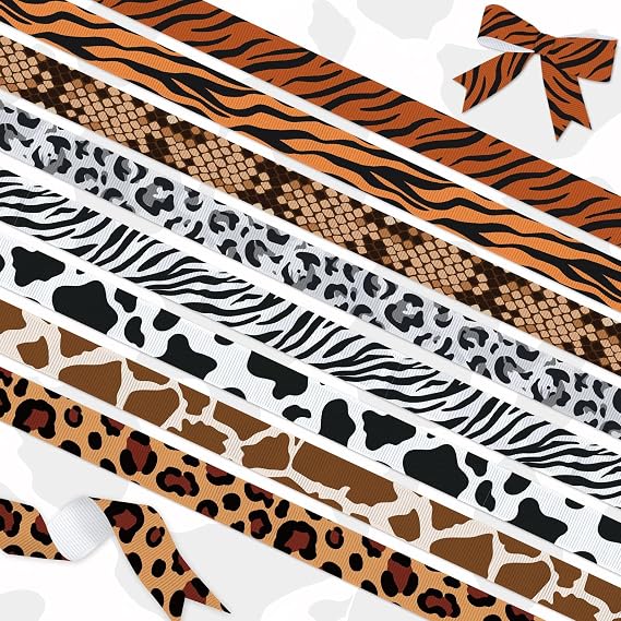 YKW 8 Rolls Animal Print Ribbon Set, 24 Yards Total, 3/8" Wide, Tiger, Leopard, Giraffe, Zebra, Snake Patterns Ribbons,for Jungle Animal Party Decor, Safari Theme Gift Wrap,DIY Crafts