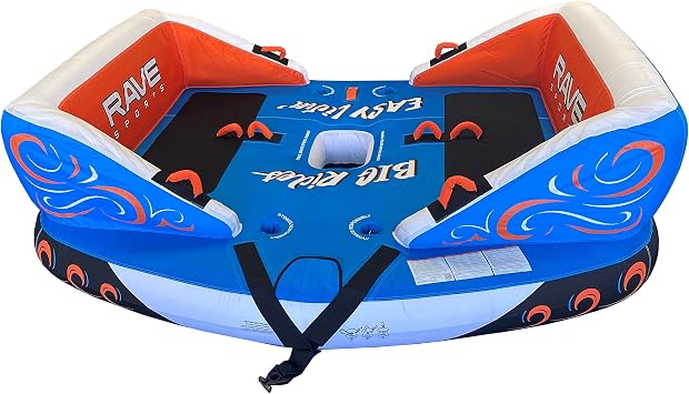 Rave Sports Big Easy Boat Towable Tube 4 Person Inflatable Water Tube for Boating & Water Sports, 2-4 Rider Couch Lounge with Center Cooler Console & Cup Holders, Heavy Duty Nylon Cover, 85" x 100"