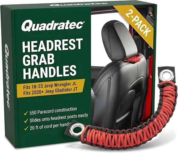 Quadratec 550 Paracord Headrests Grab Handle Pair - Red - Fits Jeep Wrangler JL, Gladiator JT, Unlimited 2018-2022 - Made from 20' of 4mm Parcord - Sold in Pairs